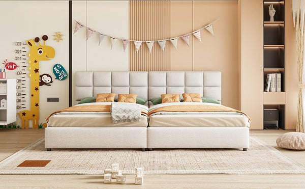English Elm Twin Storage Bed with Hydraulic Lift Linen Frame and Square Padded Headboard Beige Upholstered SF000485AAA