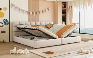 English Elm Twin Storage Bed with Hydraulic Lift Linen Frame and Square Padded Headboard Beige Upholstered SF000485AAA