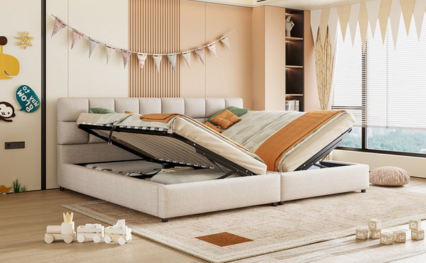 English Elm Twin Storage Bed with Hydraulic Lift Linen Frame and Square Padded Headboard Beige Upholstered SF000485AAA