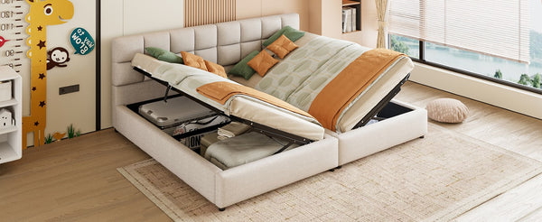 English Elm Twin Storage Bed with Hydraulic Lift Linen Frame and Square Padded Headboard Beige Upholstered SF000485AAA