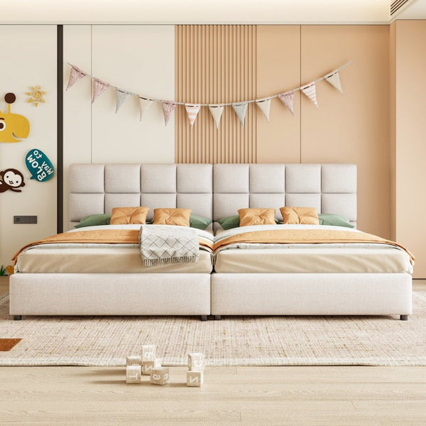 English Elm Twin Storage Bed with Hydraulic Lift Linen Frame and Square Padded Headboard Beige Upholstered SF000485AAA