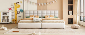 English Elm Twin Storage Bed with Hydraulic Lift Linen Frame and Square Padded Headboard Beige Upholstered SF000485AAA