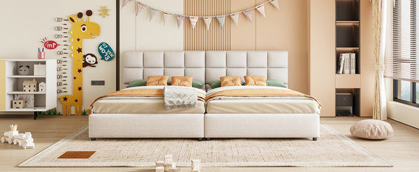 English Elm Twin Storage Bed with Hydraulic Lift Linen Frame and Square Padded Headboard Beige Upholstered SF000485AAA