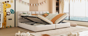 English Elm Twin Storage Bed with Hydraulic Lift Linen Frame and Square Padded Headboard Beige Upholstered SF000485AAA