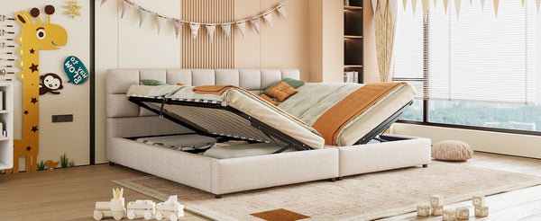 English Elm Twin Storage Bed with Hydraulic Lift Linen Frame and Square Padded Headboard Beige Upholstered SF000485AAA