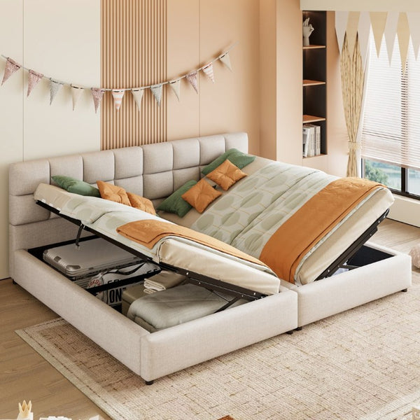 English Elm Twin Storage Bed with Hydraulic Lift Linen Frame and Square Padded Headboard Beige Upholstered SF000485AAA
