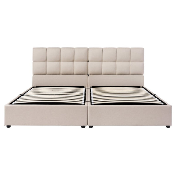 English Elm Twin Storage Bed with Hydraulic Lift Linen Frame and Square Padded Headboard Beige Upholstered SF000485AAA