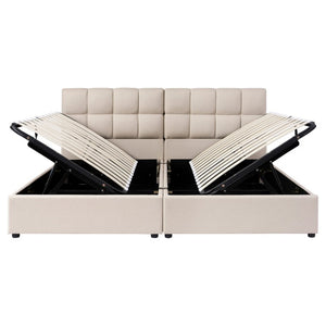 English Elm Twin Storage Bed with Hydraulic Lift Linen Frame and Square Padded Headboard Beige Upholstered SF000485AAA