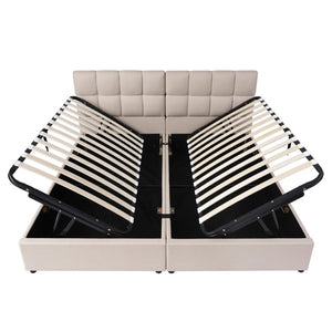 English Elm Twin Storage Bed with Hydraulic Lift Linen Frame and Square Padded Headboard Beige Upholstered SF000485AAA