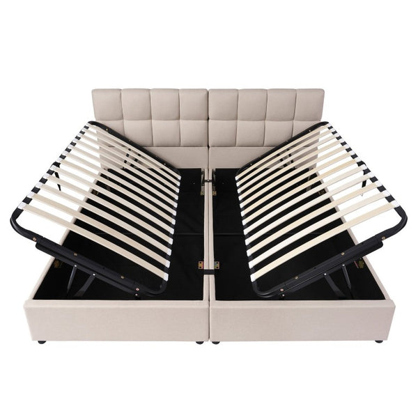 English Elm Twin Storage Bed with Hydraulic Lift Linen Frame and Square Padded Headboard Beige Upholstered SF000485AAA