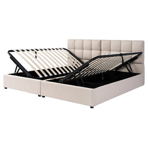 English Elm Twin Storage Bed with Hydraulic Lift Linen Frame and Square Padded Headboard Beige Upholstered SF000485AAA