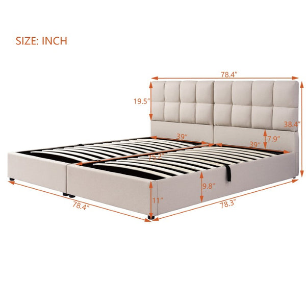 English Elm Twin Storage Bed with Hydraulic Lift Linen Frame and Square Padded Headboard Beige Upholstered SF000485AAA