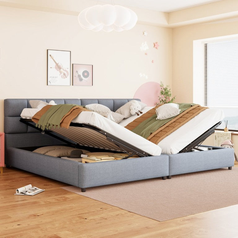 English Elm Set of 2 Twin Linen Upholstered Platform Beds with Hydraulic Lift Storage System SF000485AAE