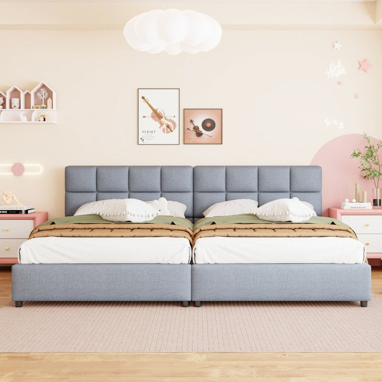 English Elm Set of 2 Twin Linen Upholstered Platform Beds with Hydraulic Lift Storage System SF000485AAE