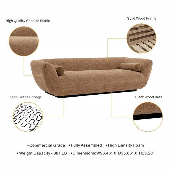 Manhattan Comfort Contemporary Ulka Sofa With Luxurious Chenille Upholstery And Bolster Pillows For Ultimate Comfort Light Brown Pine Wood Sf011-lb