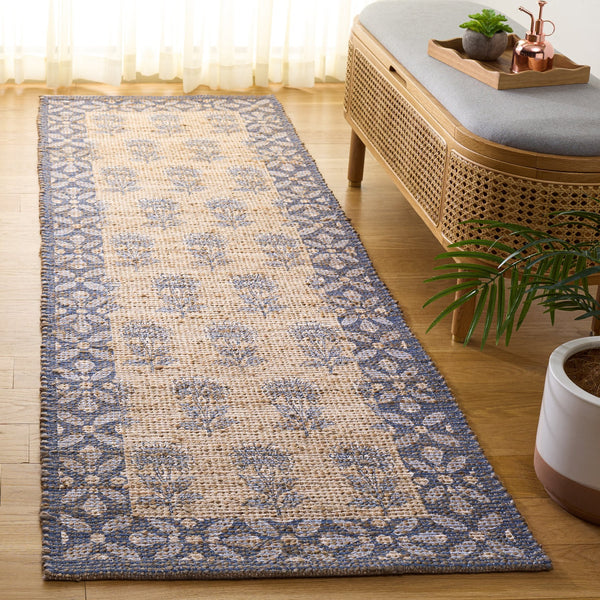 Safavieh Saffron Hand-Woven Natural & Blue Floral Area Rug, Low-Profile Jute Blend Square, Artisanal Charm 6'-0" x 6'-0" SFN404M-6SQ