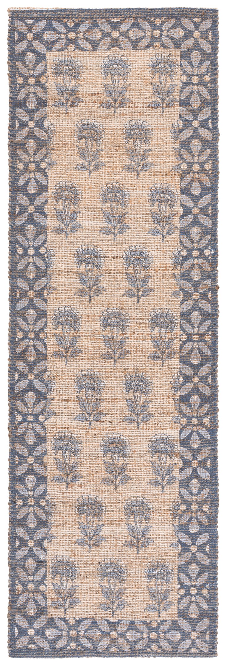 Safavieh Saffron Hand-Woven Jute Runner With Blue Floral Motif, Durable Mixed-Fiber Texture For Hallway Elegance 2'-3" x 8'-0" SFN404M-28