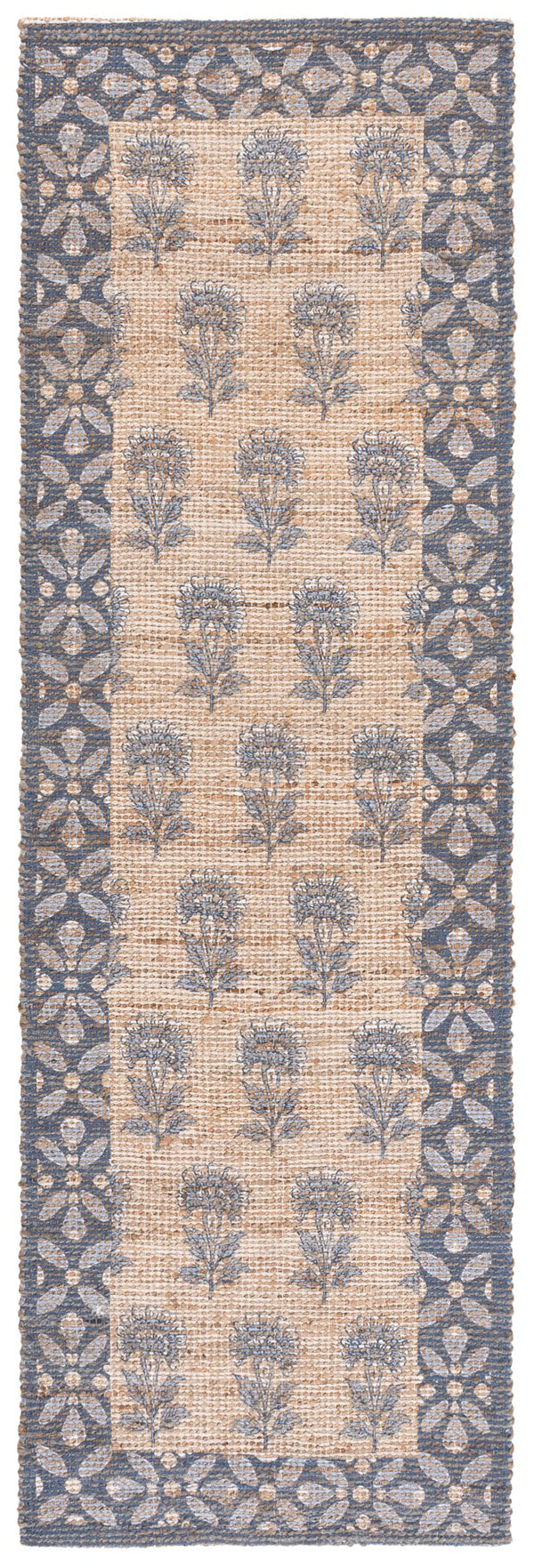 Safavieh Saffron Hand-Woven Jute Runner With Blue Floral Motif, Durable Mixed-Fiber Texture For Hallway Elegance 2'-3" x 8'-0" SFN404M-28