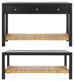 Safavieh BERLYNNE Banana Stem Shelf Console Table – Elegant Black & Natural Design with Brass Accents, 48" W SFV1314A