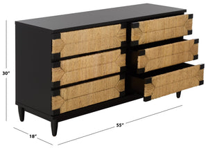 Safavieh Roseanne Six Drawer Dresser with Woven Banana Stem Panels Bohemian Bedroom Storage BLACK / NATURAL SFV1328A-2BX