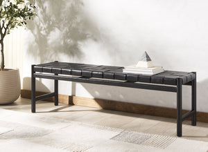 Safavieh Devnie Woven Leather Bench - Elegant Minimalist Seating With Handcrafted Top Grain Leather Design Black Wood ,Leather Sfv1600a