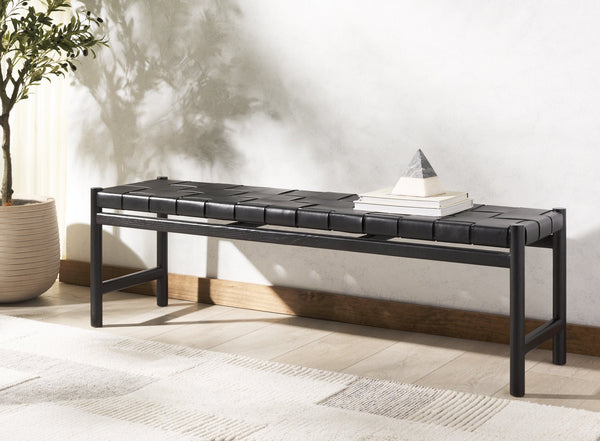 Safavieh Devnie Woven Leather Bench - Elegant Minimalist Seating With Handcrafted Top Grain Leather Design Black Wood ,Leather Sfv1600a