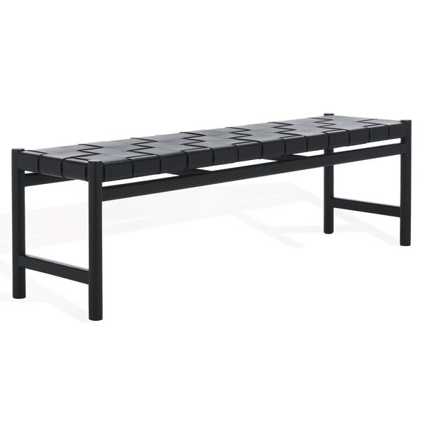 Safavieh Devnie Woven Leather Bench - Elegant Minimalist Seating With Handcrafted Top Grain Leather Design Black Wood ,Leather Sfv1600a