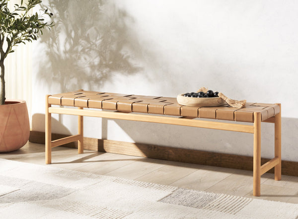 Safavieh Devnie Woven Leather Bench - Elegant Minimalist Seating With Handcrafted Top Grain Leather Design Brown ,Natural Wood ,Leather Sfv1600b