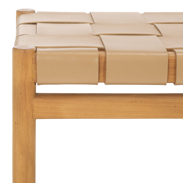 Safavieh Devnie Woven Leather Bench - Elegant Minimalist Seating With Handcrafted Top Grain Leather Design Tan ,Natural Wood ,Leather Sfv1600c
