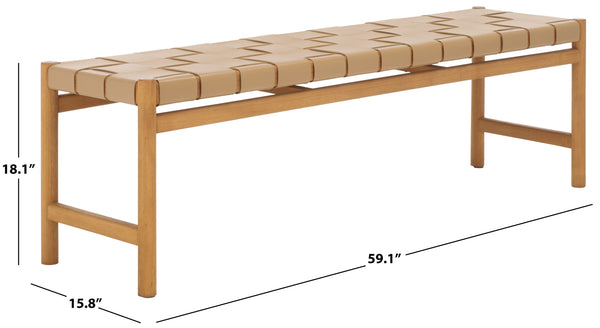 Safavieh Devnie Woven Leather Bench - Elegant Minimalist Seating With Handcrafted Top Grain Leather Design Tan ,Natural Wood ,Leather Sfv1600c