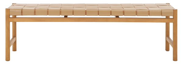 Safavieh Devnie Woven Leather Bench - Elegant Minimalist Seating With Handcrafted Top Grain Leather Design Tan ,Natural Wood ,Leather Sfv1600c