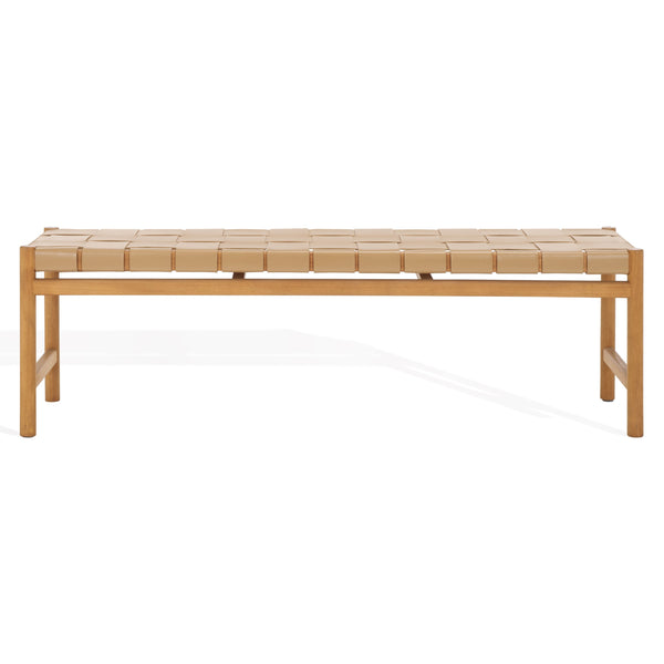 Safavieh Devnie Woven Leather Bench - Elegant Minimalist Seating With Handcrafted Top Grain Leather Design Tan ,Natural Wood ,Leather Sfv1600c