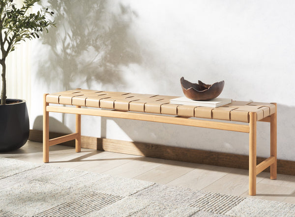Safavieh Devnie Woven Leather Bench - Elegant Minimalist Seating With Handcrafted Top Grain Leather Design Tan ,Natural Wood ,Leather Sfv1600c