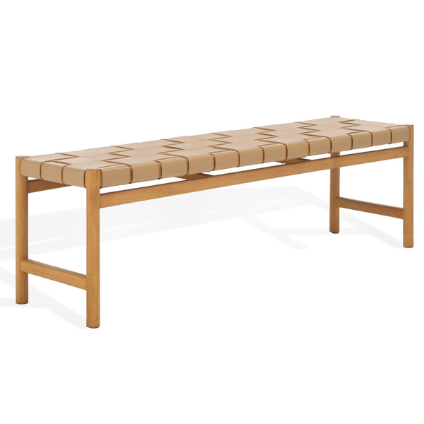 Safavieh Devnie Woven Leather Bench - Elegant Minimalist Seating With Handcrafted Top Grain Leather Design Tan ,Natural Wood ,Leather Sfv1600c