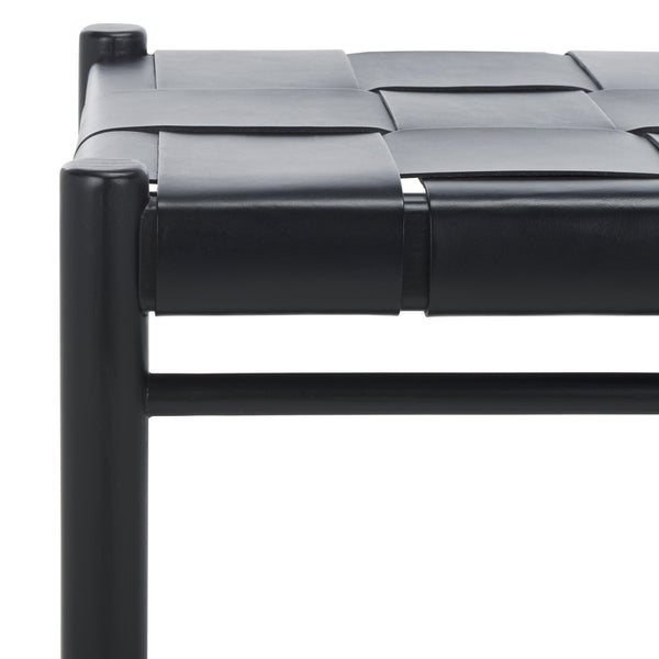 Safavieh Devnie Woven Leather Ottoman - Sophisticated Design With Solid Sungkay Wood For Stylish Living Spaces Black Wood ,Leather Sfv1601a