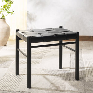 Safavieh Devnie Woven Leather Ottoman - Sophisticated Design With Solid Sungkay Wood For Stylish Living Spaces Black Wood ,Leather Sfv1601a