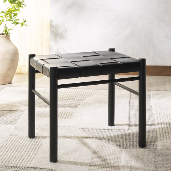 Safavieh Devnie Woven Leather Ottoman - Sophisticated Design With Solid Sungkay Wood For Stylish Living Spaces Black Wood ,Leather Sfv1601a