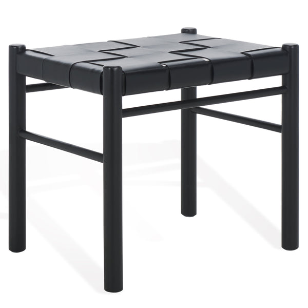 Safavieh Devnie Woven Leather Ottoman - Sophisticated Design With Solid Sungkay Wood For Stylish Living Spaces Black Wood ,Leather Sfv1601a