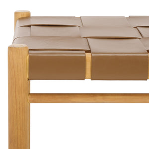 Safavieh Devnie Woven Leather Ottoman - Sophisticated Design With Solid Sungkay Wood For Stylish Living Spaces Brown ,Natural Wood ,Leather Sfv1601b