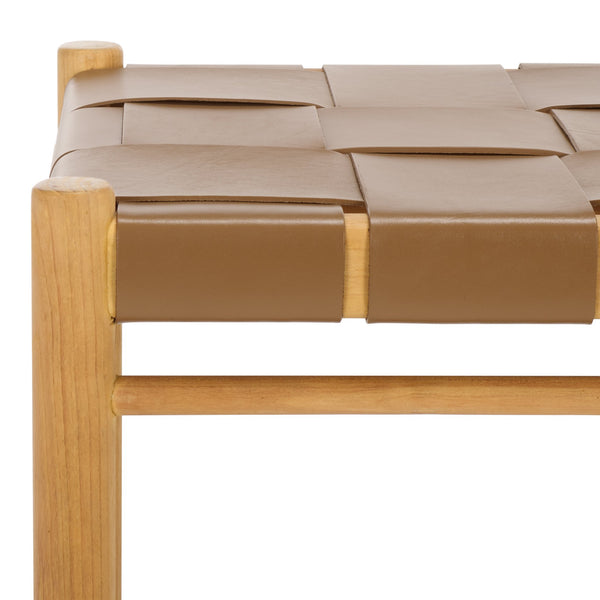 Safavieh Devnie Woven Leather Ottoman - Sophisticated Design With Solid Sungkay Wood For Stylish Living Spaces Brown ,Natural Wood ,Leather Sfv1601b