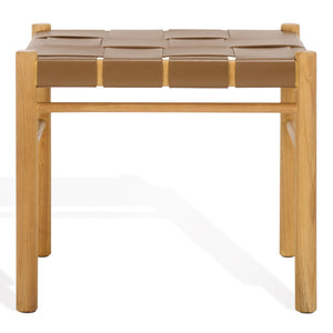 Safavieh Devnie Woven Leather Ottoman - Sophisticated Design With Solid Sungkay Wood For Stylish Living Spaces Brown ,Natural Wood ,Leather Sfv1601b