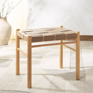 Safavieh Devnie Woven Leather Ottoman - Sophisticated Design With Solid Sungkay Wood For Stylish Living Spaces Brown ,Natural Wood ,Leather Sfv1601b