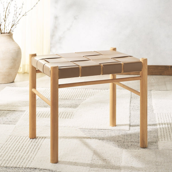 Safavieh Devnie Woven Leather Ottoman - Sophisticated Design With Solid Sungkay Wood For Stylish Living Spaces Brown ,Natural Wood ,Leather Sfv1601b