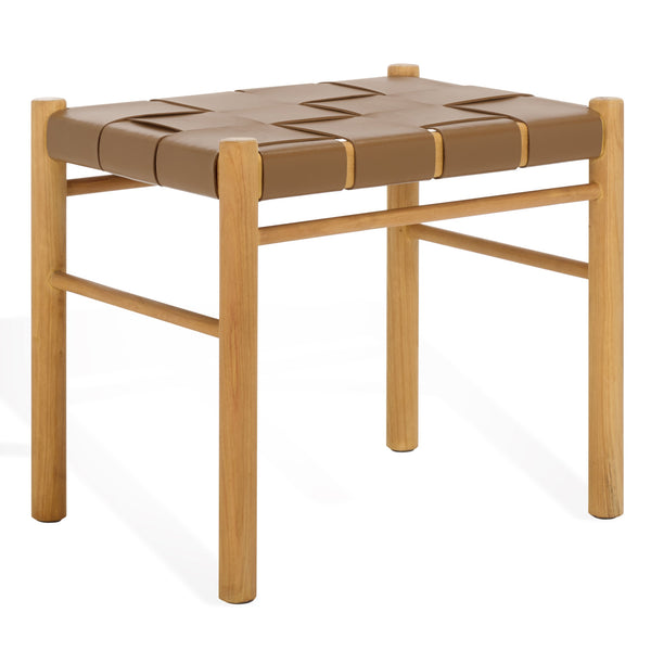 Safavieh Devnie Woven Leather Ottoman - Sophisticated Design With Solid Sungkay Wood For Stylish Living Spaces Brown ,Natural Wood ,Leather Sfv1601b