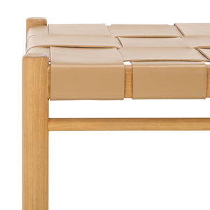 Safavieh Devnie Woven Leather Ottoman - Sophisticated Design With Solid Sungkay Wood For Stylish Living Spaces Tan ,Natural Wood ,Leather Sfv1601c