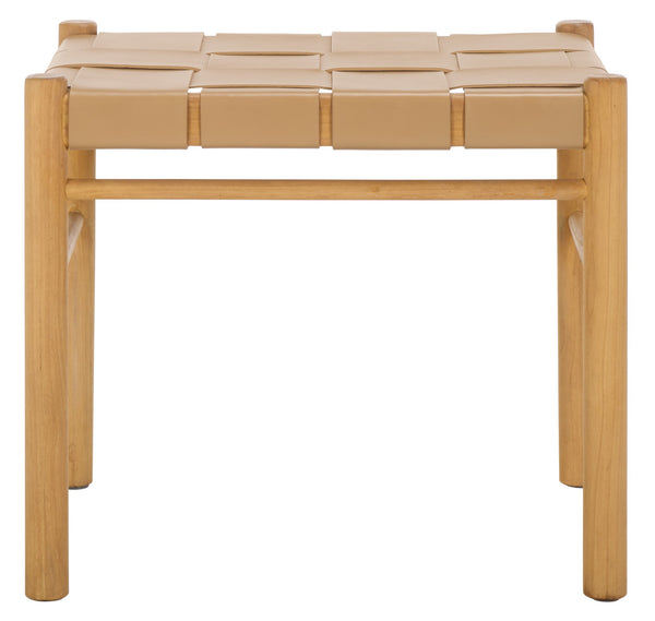 Safavieh Devnie Woven Leather Ottoman - Sophisticated Design With Solid Sungkay Wood For Stylish Living Spaces Tan ,Natural Wood ,Leather Sfv1601c