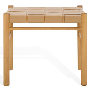 Safavieh Devnie Woven Leather Ottoman - Sophisticated Design With Solid Sungkay Wood For Stylish Living Spaces Tan ,Natural Wood ,Leather Sfv1601c