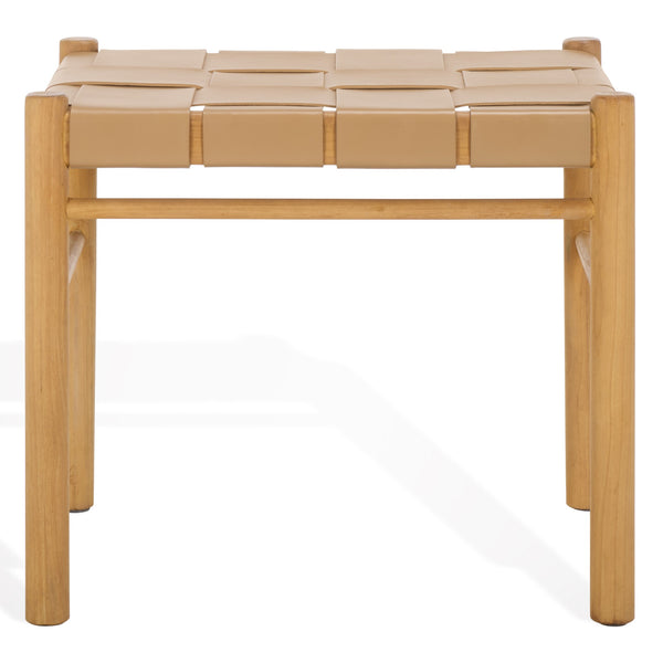 Safavieh Devnie Woven Leather Ottoman - Sophisticated Design With Solid Sungkay Wood For Stylish Living Spaces Tan ,Natural Wood ,Leather Sfv1601c