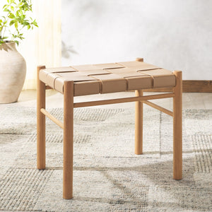 Safavieh Devnie Woven Leather Ottoman - Sophisticated Design With Solid Sungkay Wood For Stylish Living Spaces Tan ,Natural Wood ,Leather Sfv1601c