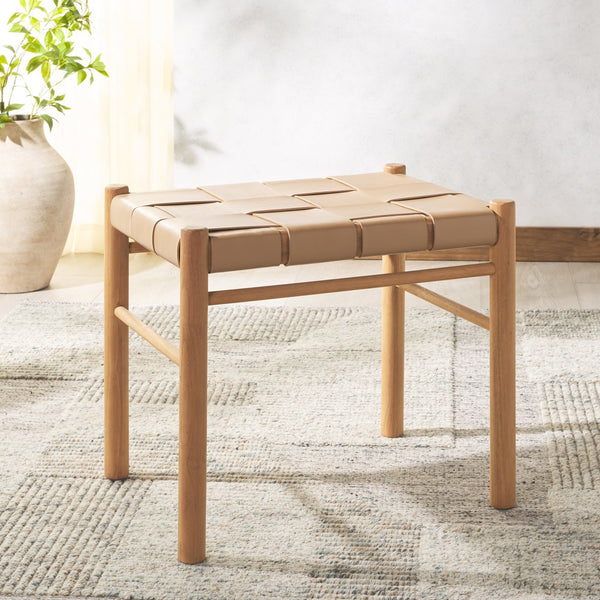 Safavieh Devnie Woven Leather Ottoman - Sophisticated Design With Solid Sungkay Wood For Stylish Living Spaces Tan ,Natural Wood ,Leather Sfv1601c